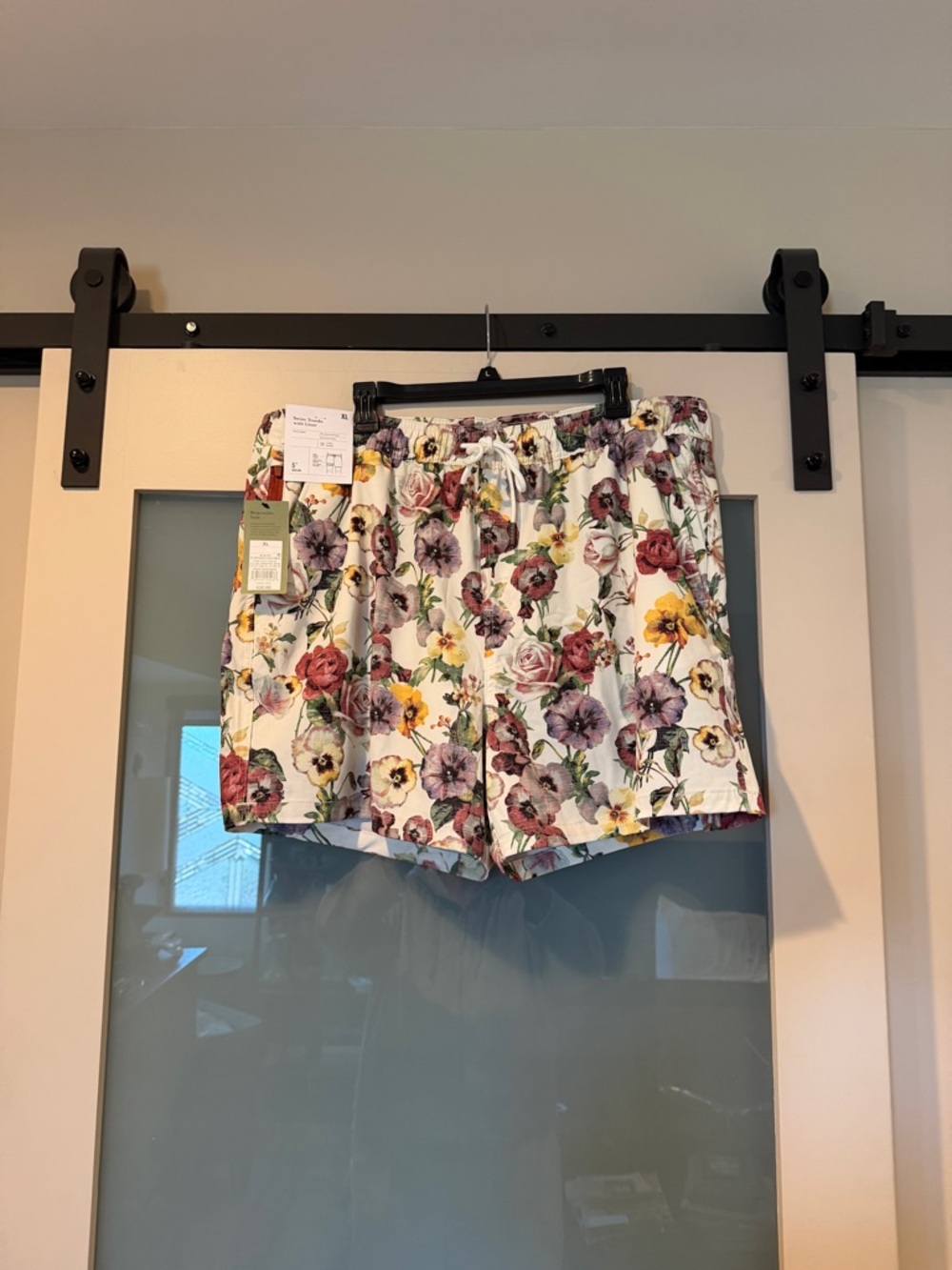 Floral Drawstring mens Swim Shorts - White with Multicolor Floral Prints. NWT